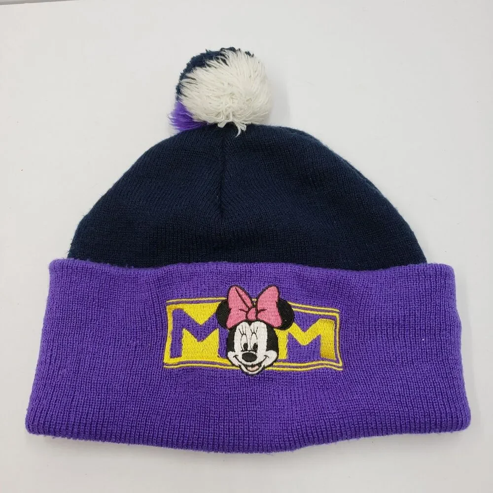 Vintage Disney Mickey Unlimited Minnie Mouse MOM Beanie Hat Purple Navy Knit Pom